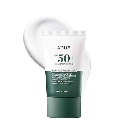 Anua Heartleaf Silky Moisture Mild Sunscreen, Broad Spectrum SPF 50+ with Moisturizing Formula, Lightweight Korean Sunscreen, Natural finish, Vegan, korean skin care 50ml